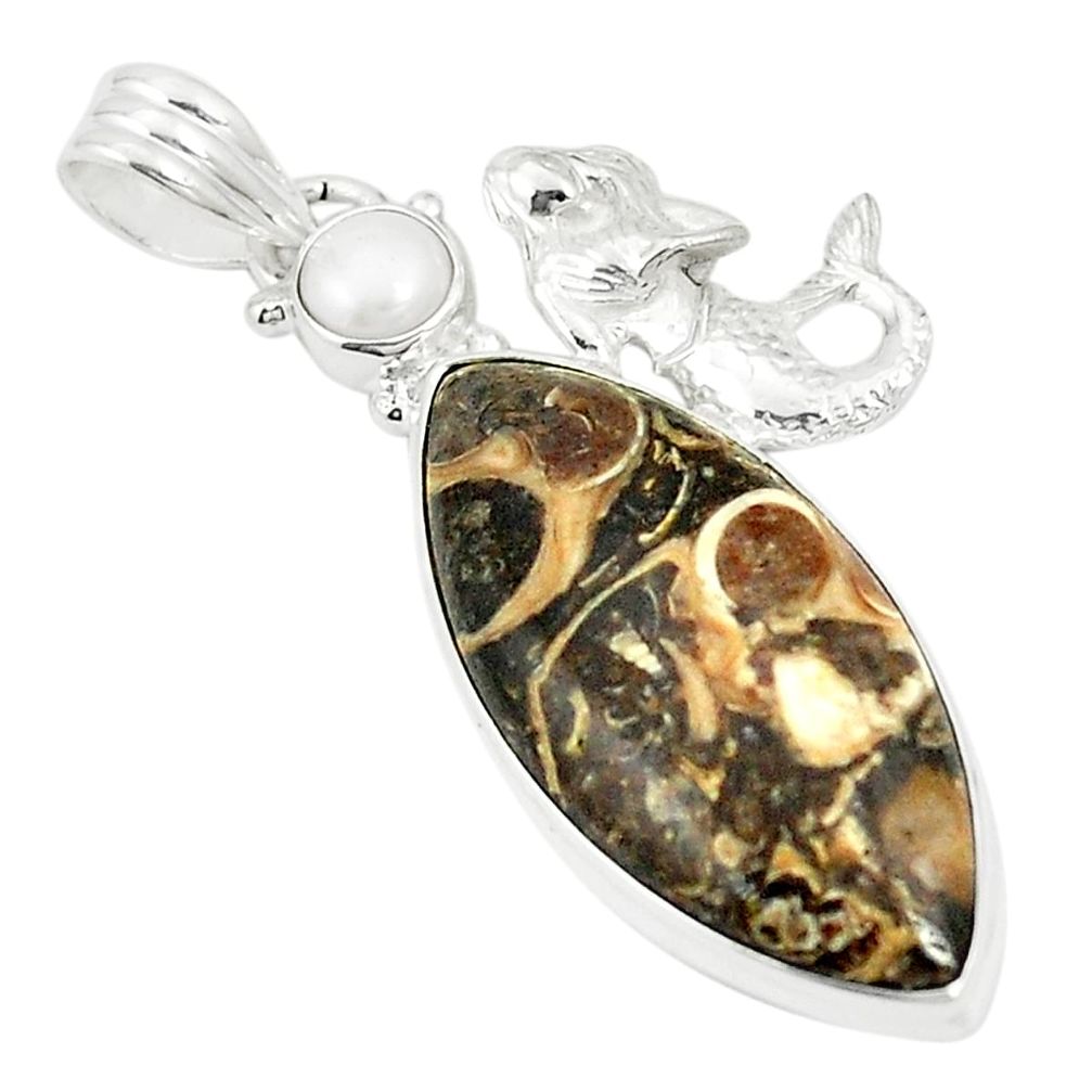 Natural turritella fossil snail agate 925 silver fairy mermaid pendant m36642