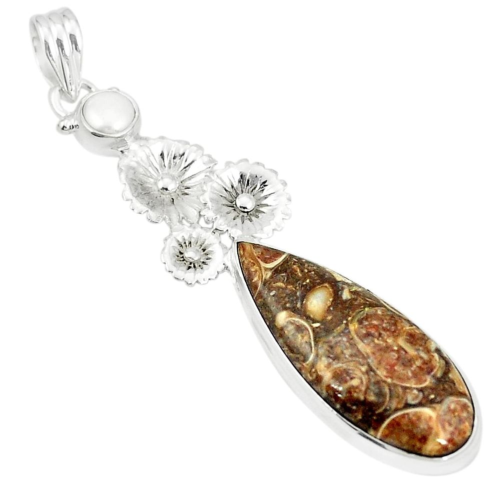 Natural brown turritella fossil snail agate 925 silver pendant jewelry m36655