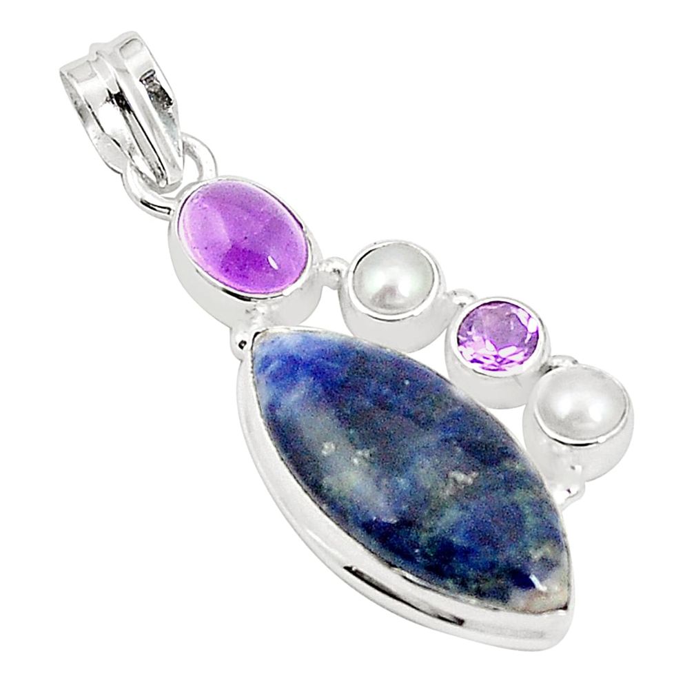 Natural blue sodalite amethyst pearl 925 sterling silver pendant m36665