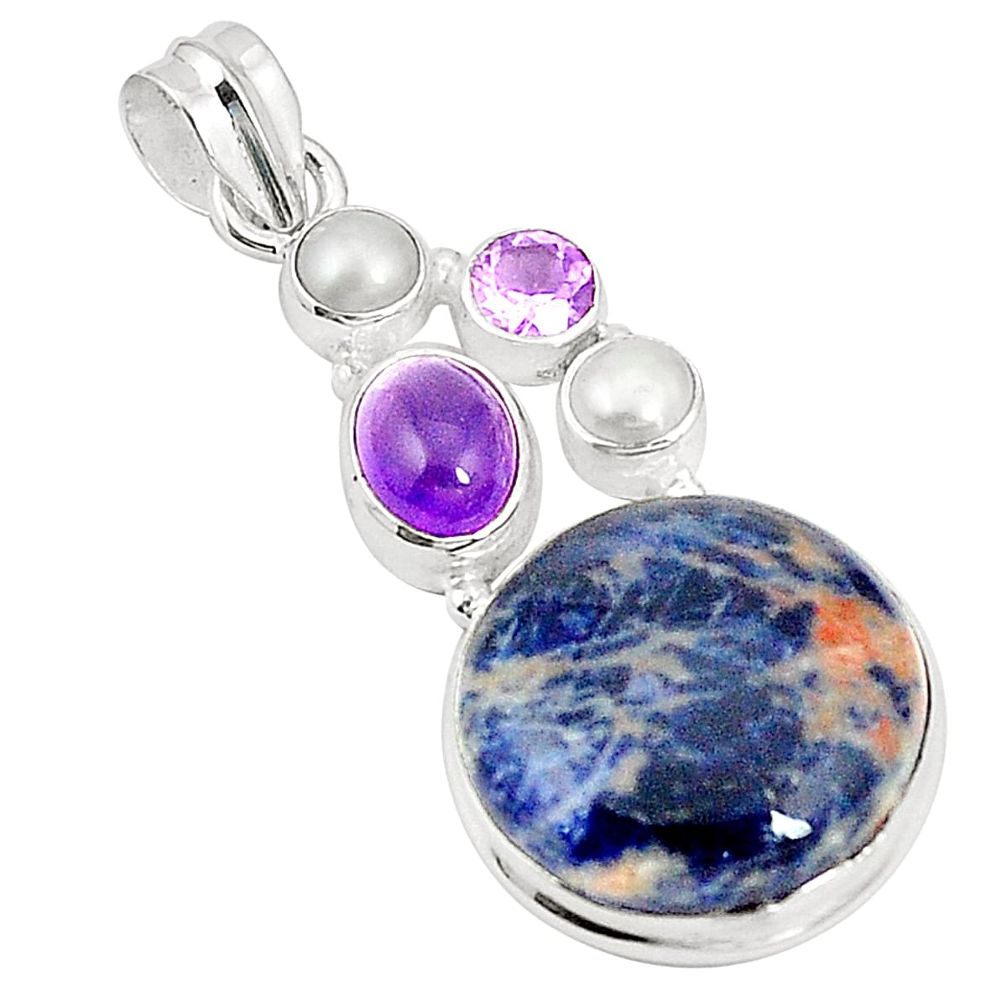 Natural blue sodalite amethyst pearl 925 sterling silver pendant m36668