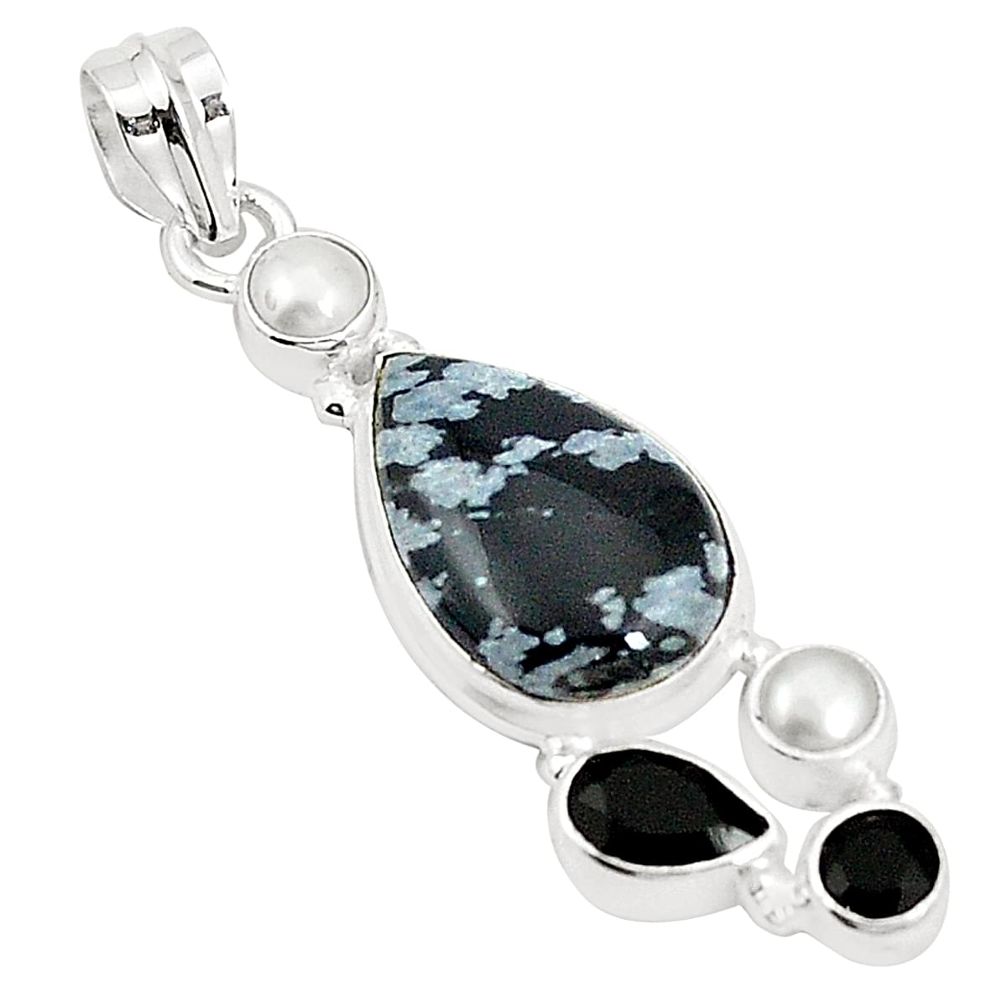 Natural black australian obsidian onyx pearl 925 silver pendant m36679