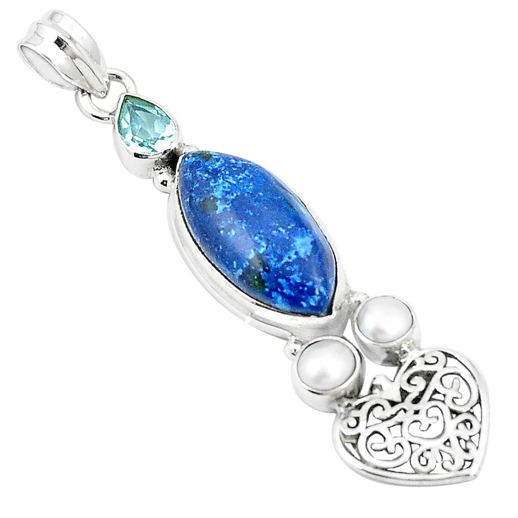 Natural blue shattuckite topaz pearl 925 sterling silver pendant m36693