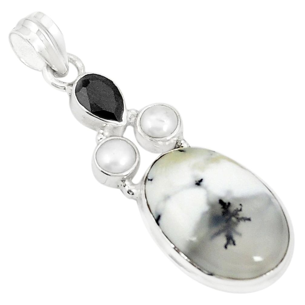 Natural white dendrite opal (merlinite) onyx pearl 925 silver pendant m36723