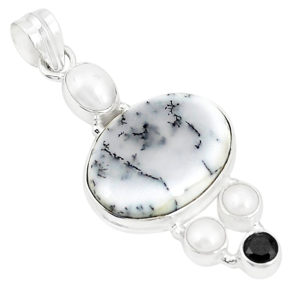 Natural white dendrite opal (merlinite) onyx pearl 925 silver pendant m36726