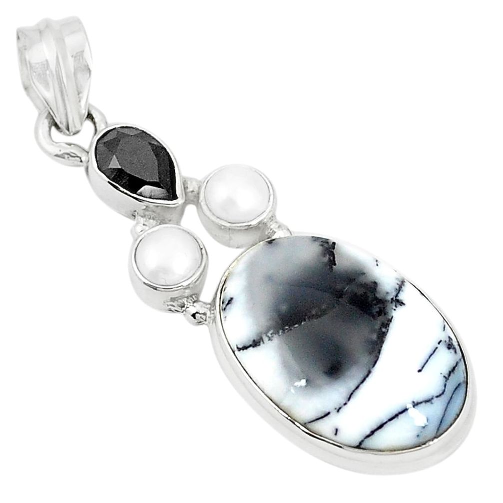Natural white dendrite opal (merlinite) onyx pearl 925 silver pendant m36728