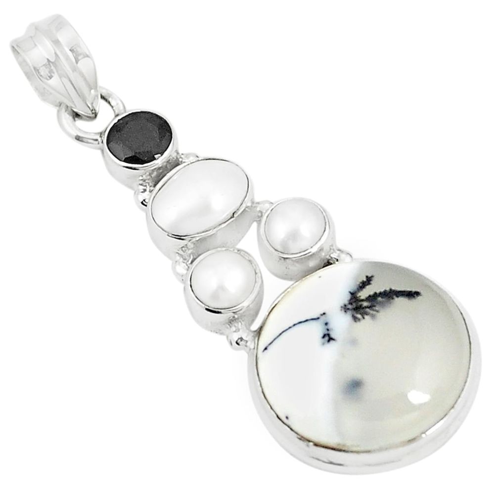 925 silver natural white dendrite opal (merlinite) onyx pearl pendant m36731