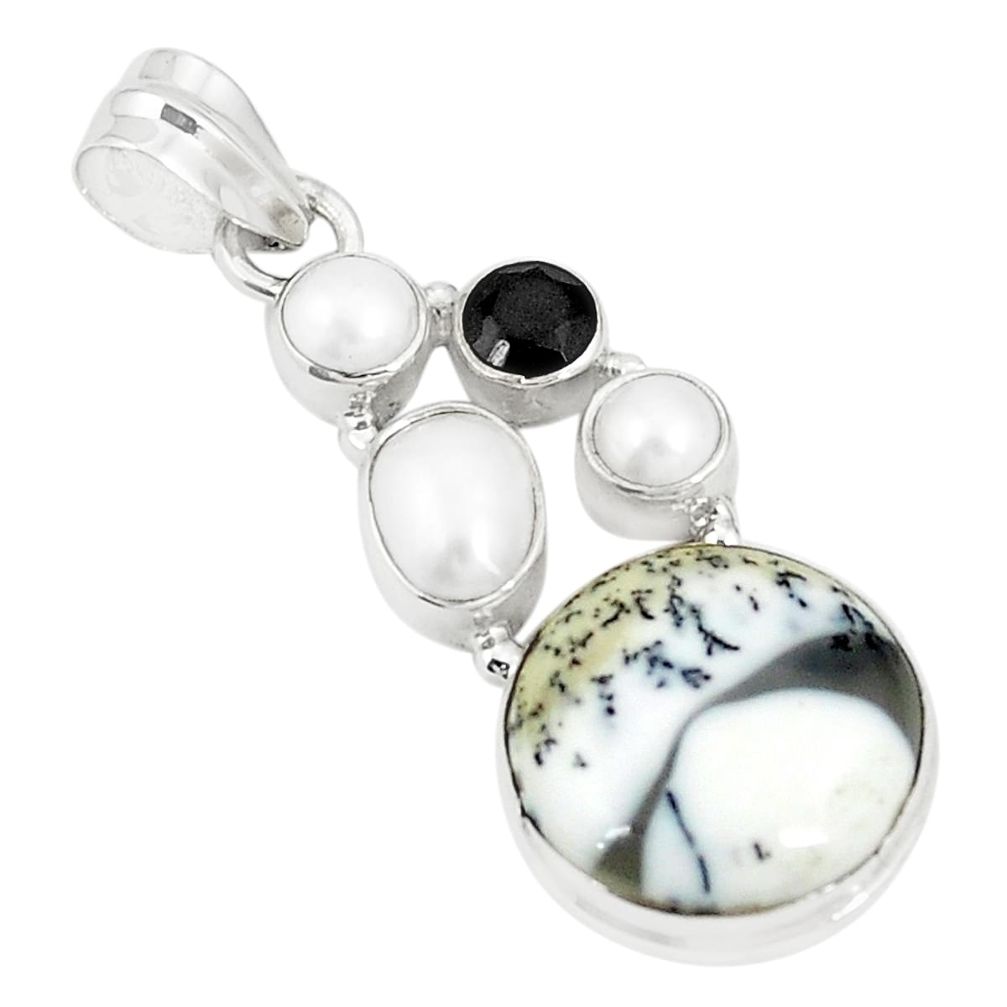 Natural white dendrite opal (merlinite) onyx pearl 925 silver pendant m36738