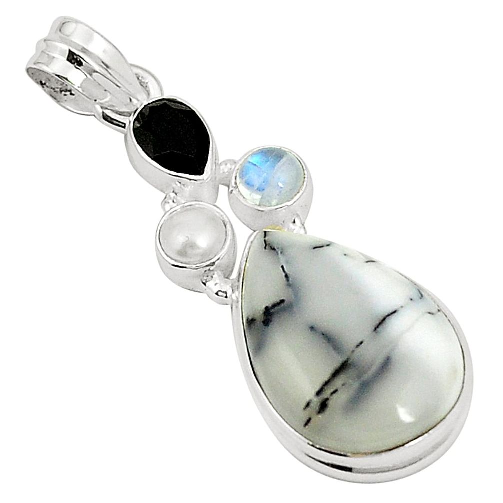 Natural white dendrite opal (merlinite) onyx pearl 925 silver pendant m36747
