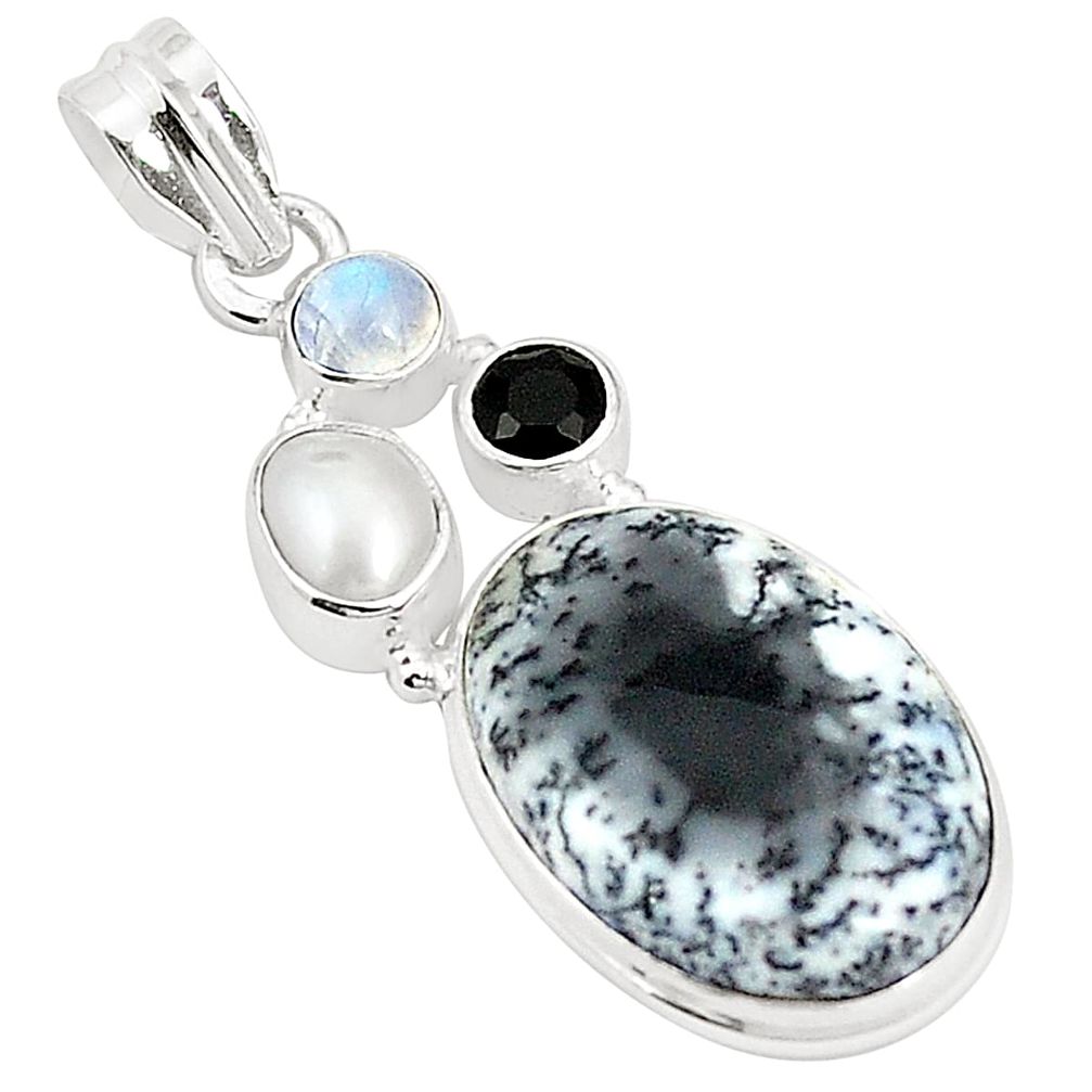 Natural white dendrite opal (merlinite) onyx pearl 925 silver pendant m36748