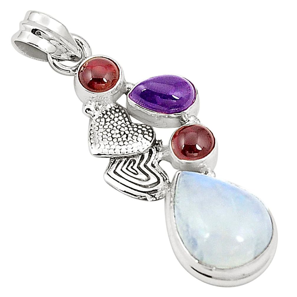 Natural rainbow moonstone amethyst 925 sterling silver pendant m36781