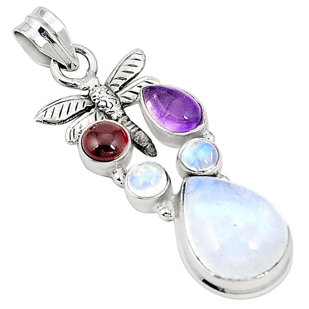 Natural rainbow moonstone amethyst 925 silver dragonfly pendant m36783