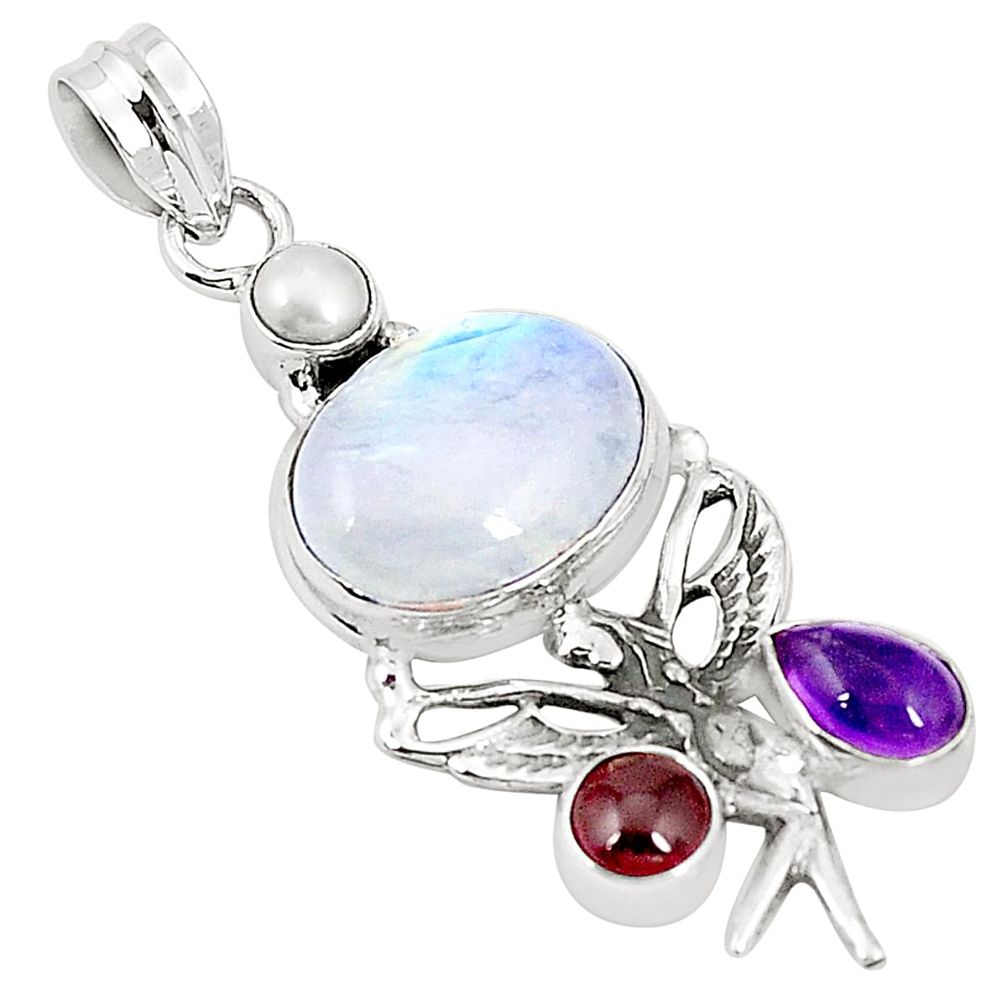 Natural rainbow moonstone amethyst 925 silver angel wing fairy pendant m36784