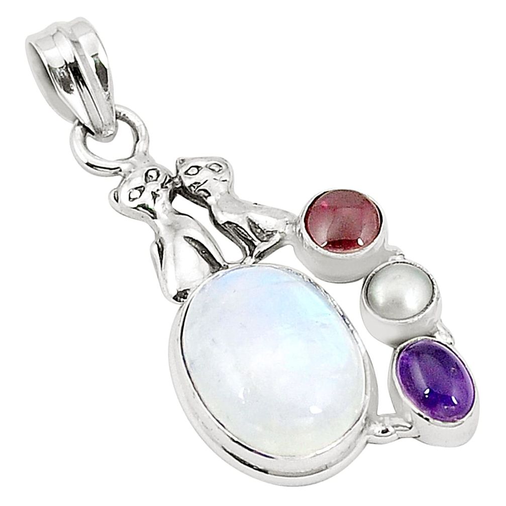 925 silver natural rainbow moonstone amethyst two cats pendant m36786