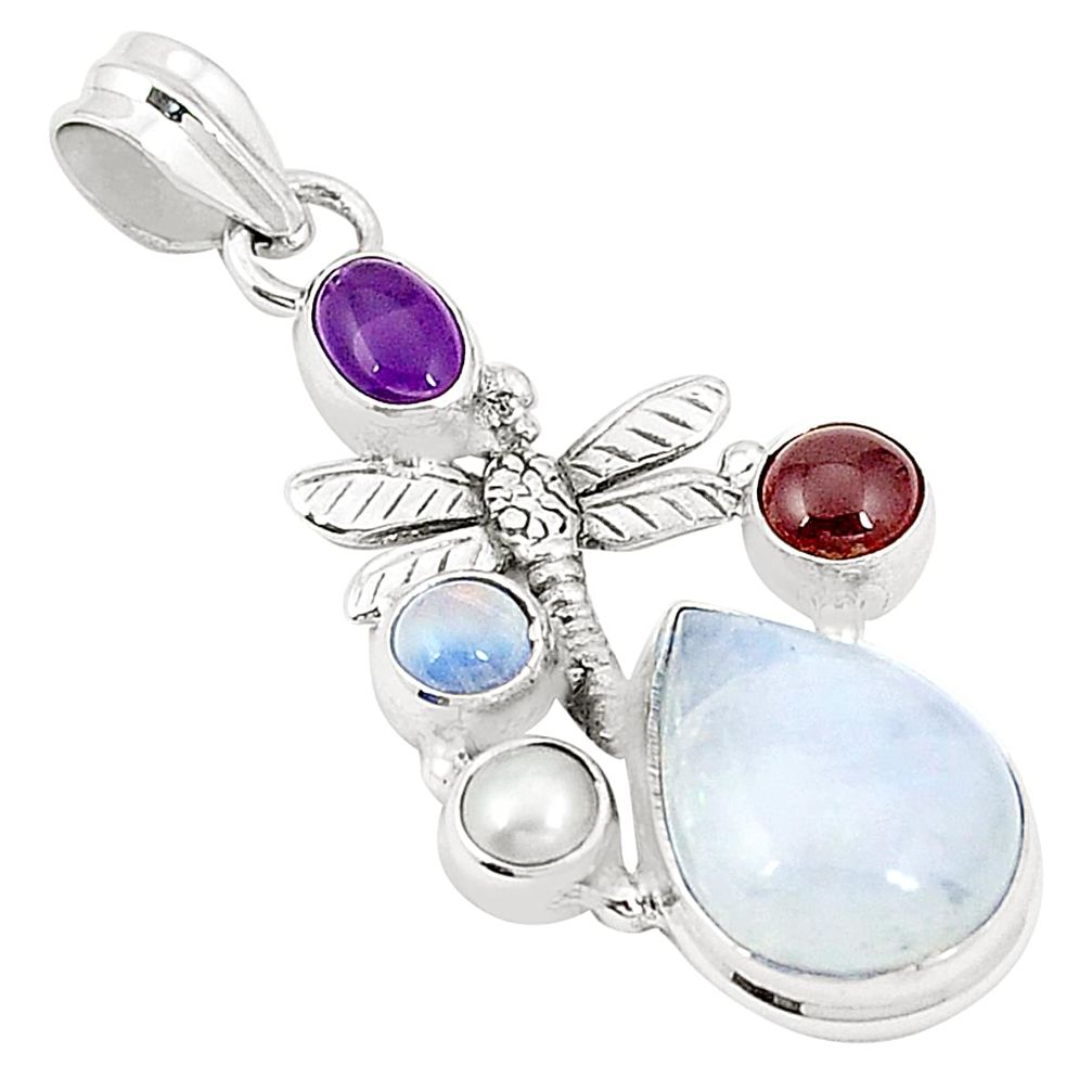 Natural rainbow moonstone amethyst 925 silver dragonfly pendant jewelry m36792