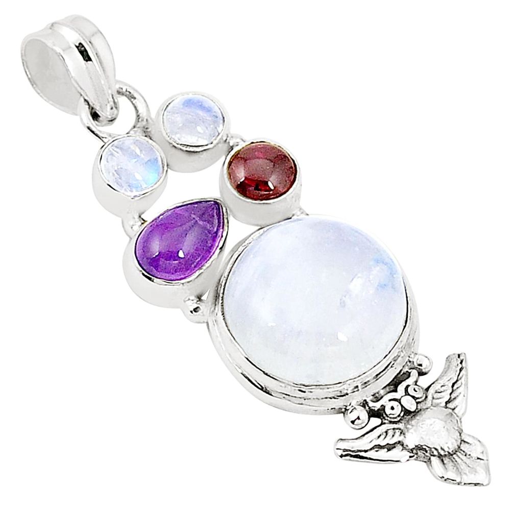 Natural rainbow moonstone amethyst 925 sterling silver owl pendant m36793