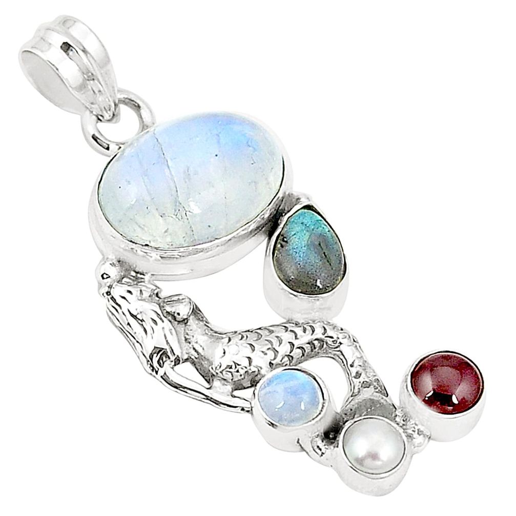 Natural rainbow moonstone 925 silver fairy mermaid pendant m36794