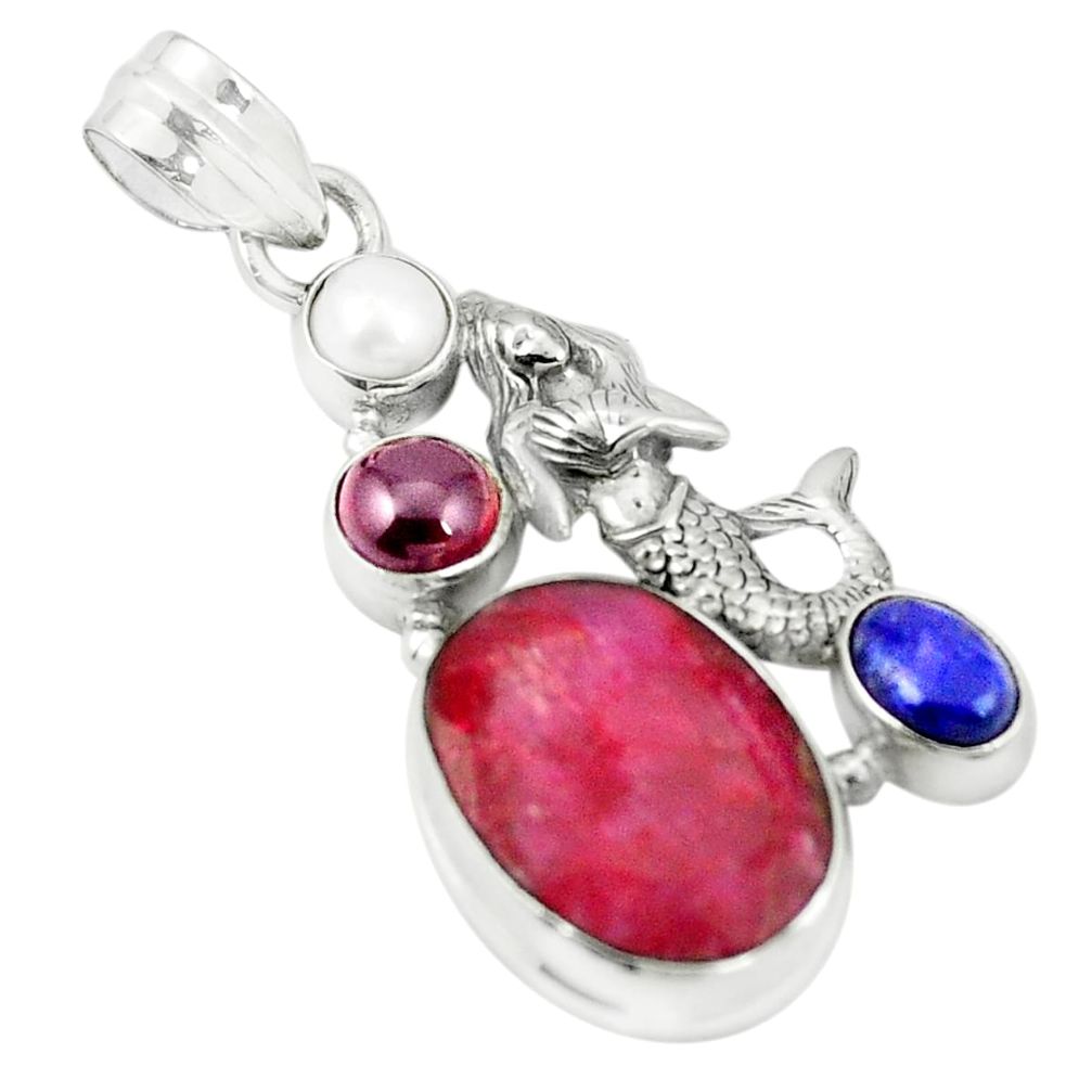 Natural red ruby garnet pearl 925 silver fairy mermaid pendant m37083