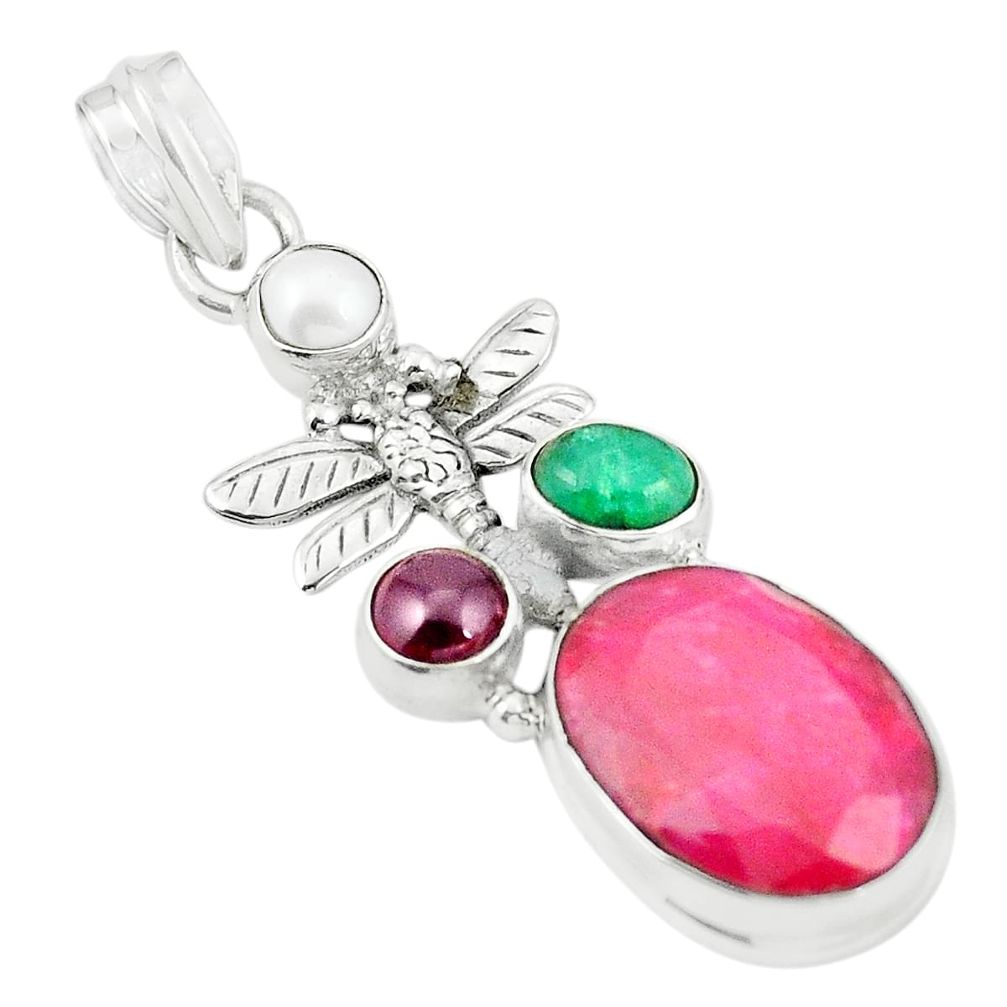 Natural red ruby garnet pearl 925 sterling silver dragonfly pendant m37089