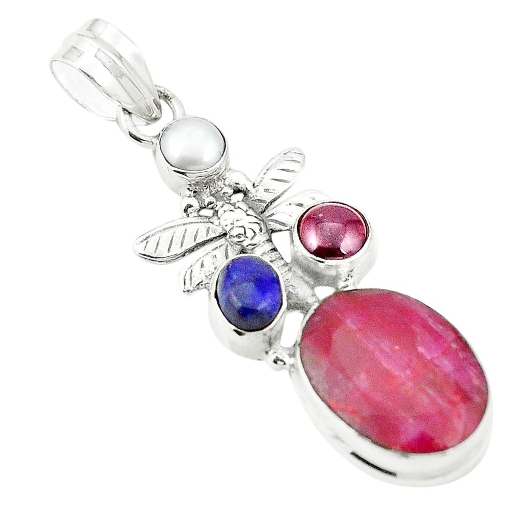 Natural red ruby garnet pearl 925 sterling silver dragonfly pendant m37093