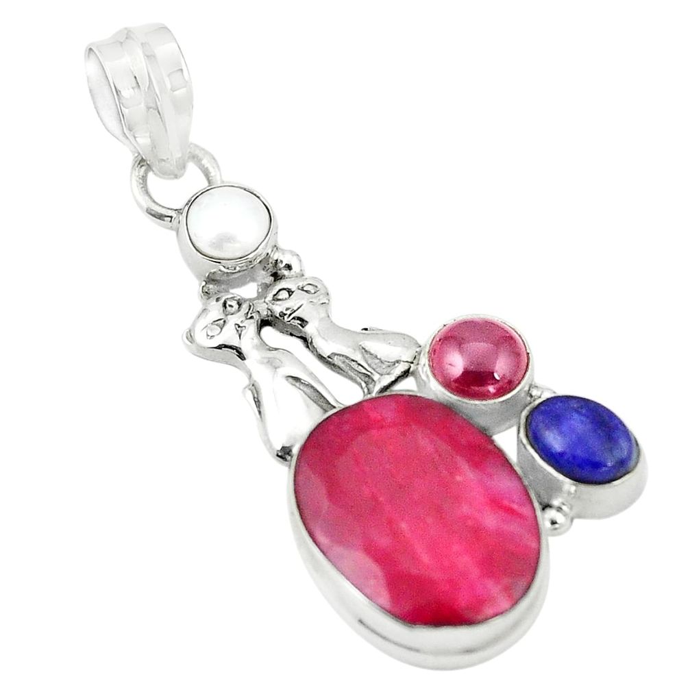 Natural red ruby garnet pearl 925 sterling silver two cats pendant m37098
