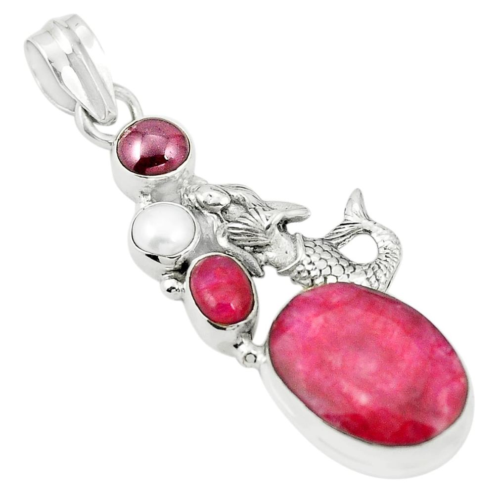 925 silver natural red ruby garnet pearl fairy mermaid pendant m37099