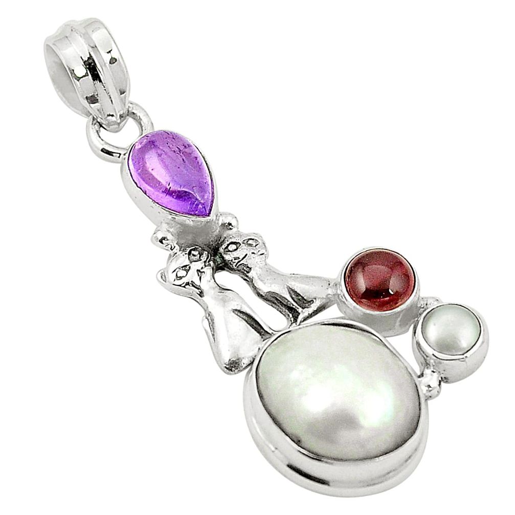 Natural white pearl amethyst 925 silver two cats pendant jewelry m37107