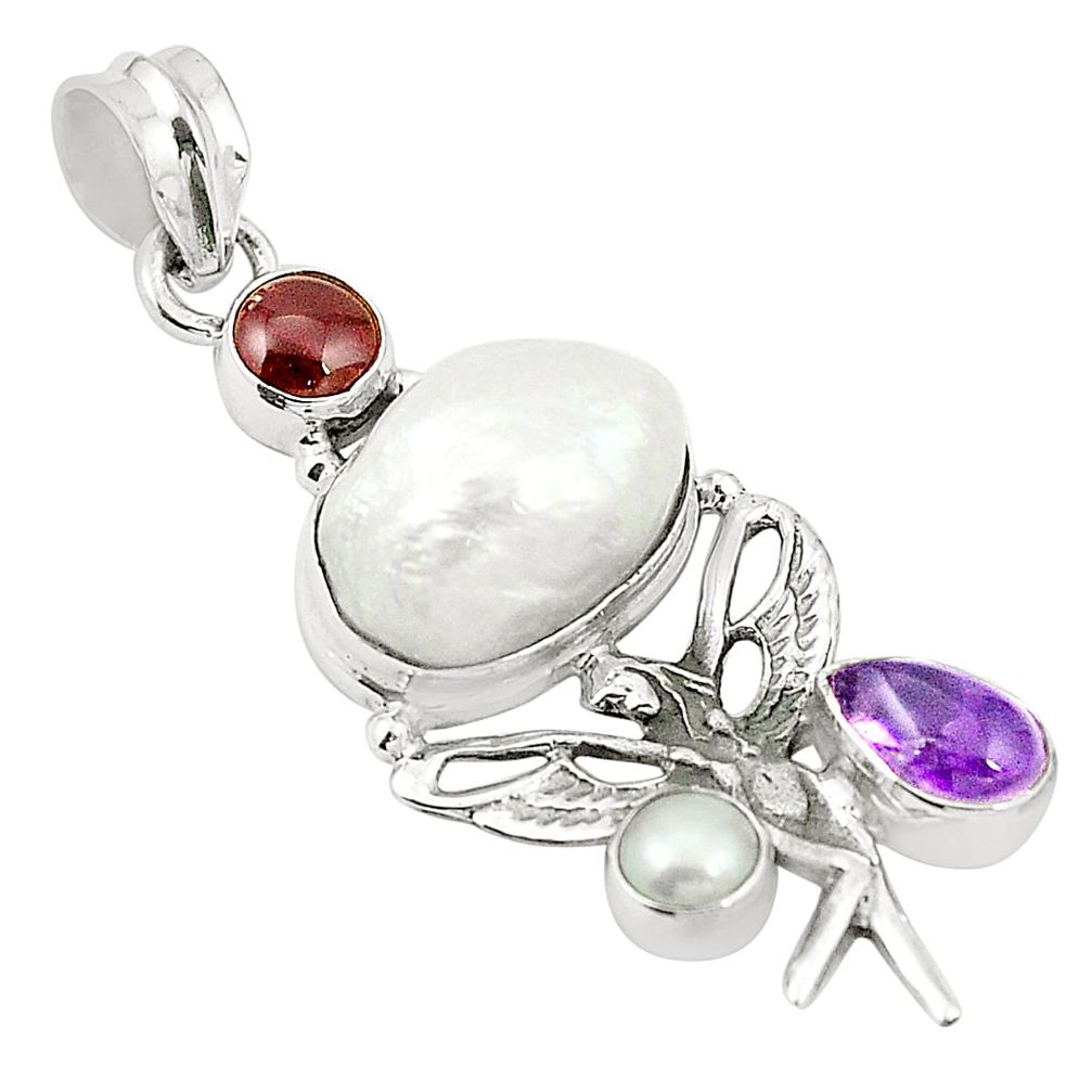 Natural white pearl garnet 925 silver angel wings fairy pendant m37112