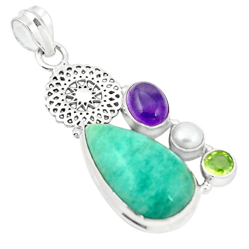 Natural green amazonite (hope stone) amethyst 925 silver pendant m37124