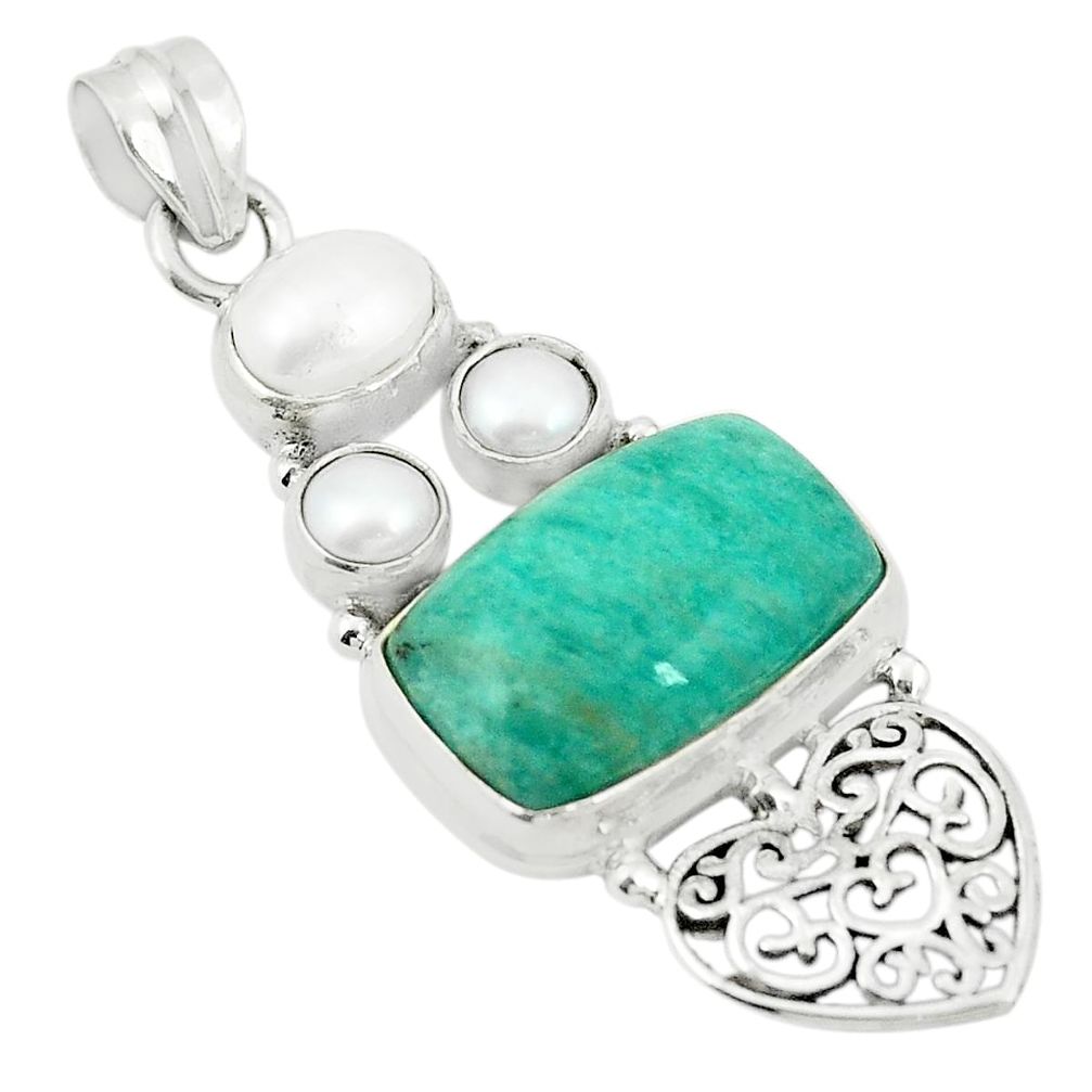 Natural green amazonite (hope stone) pearl 925 silver heart pendant m37129