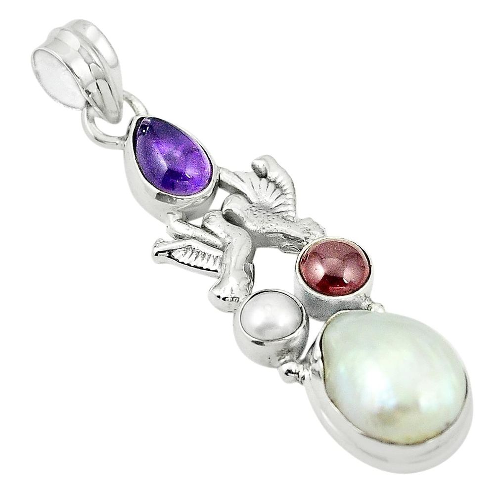 Natural white pearl amethyst 925 silver love birds pendant jewelry m37130