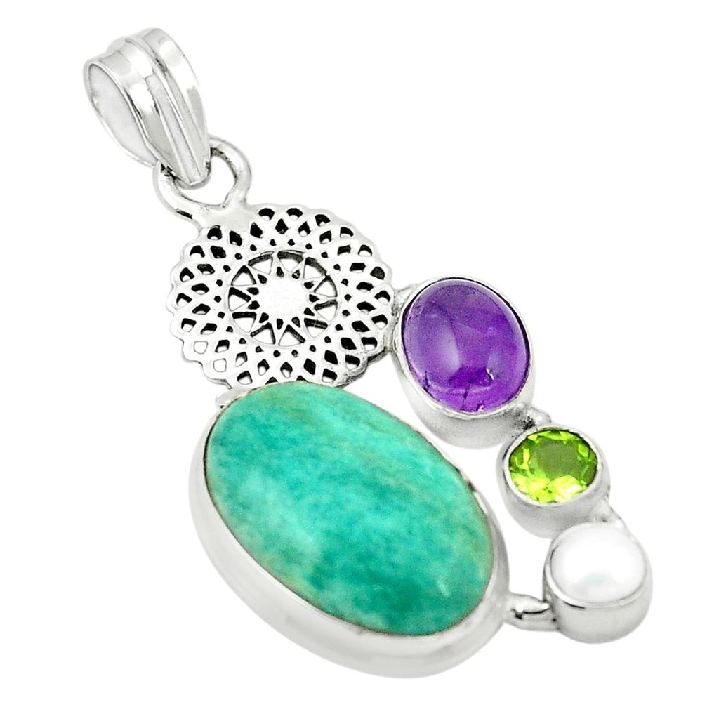 Natural green amazonite (hope stone) amethyst 925 silver pendant m37132