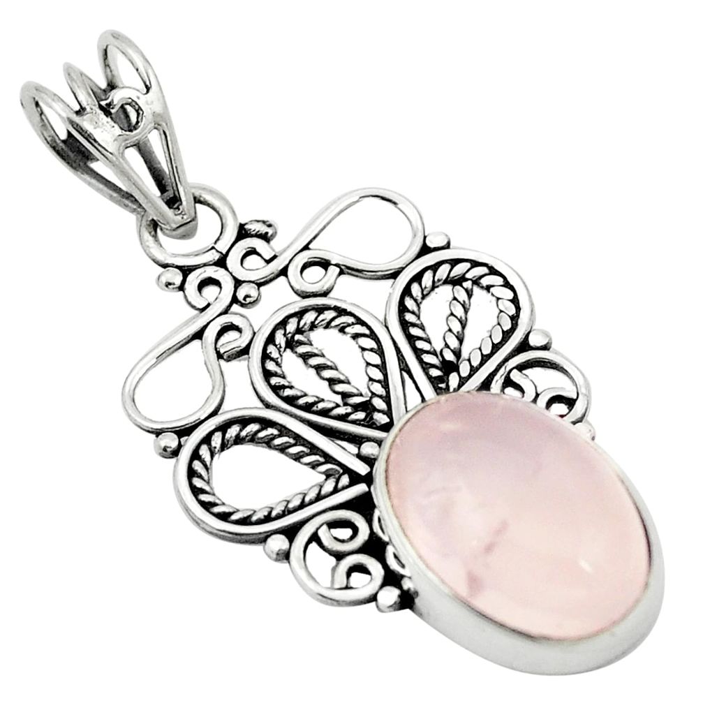 Natural pink rose quartz 925 sterling silver pendant jewelry m37323