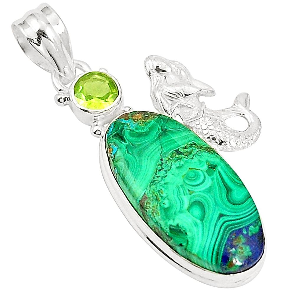 Natural green azurite malachite 925 silver fairy mermaid pendant m39502