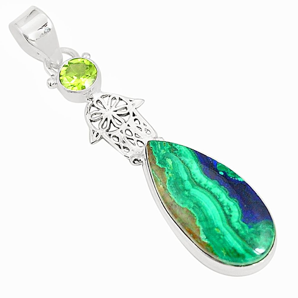 Natural green azurite malachite 925 silver hand of god hamsa pendant m39505