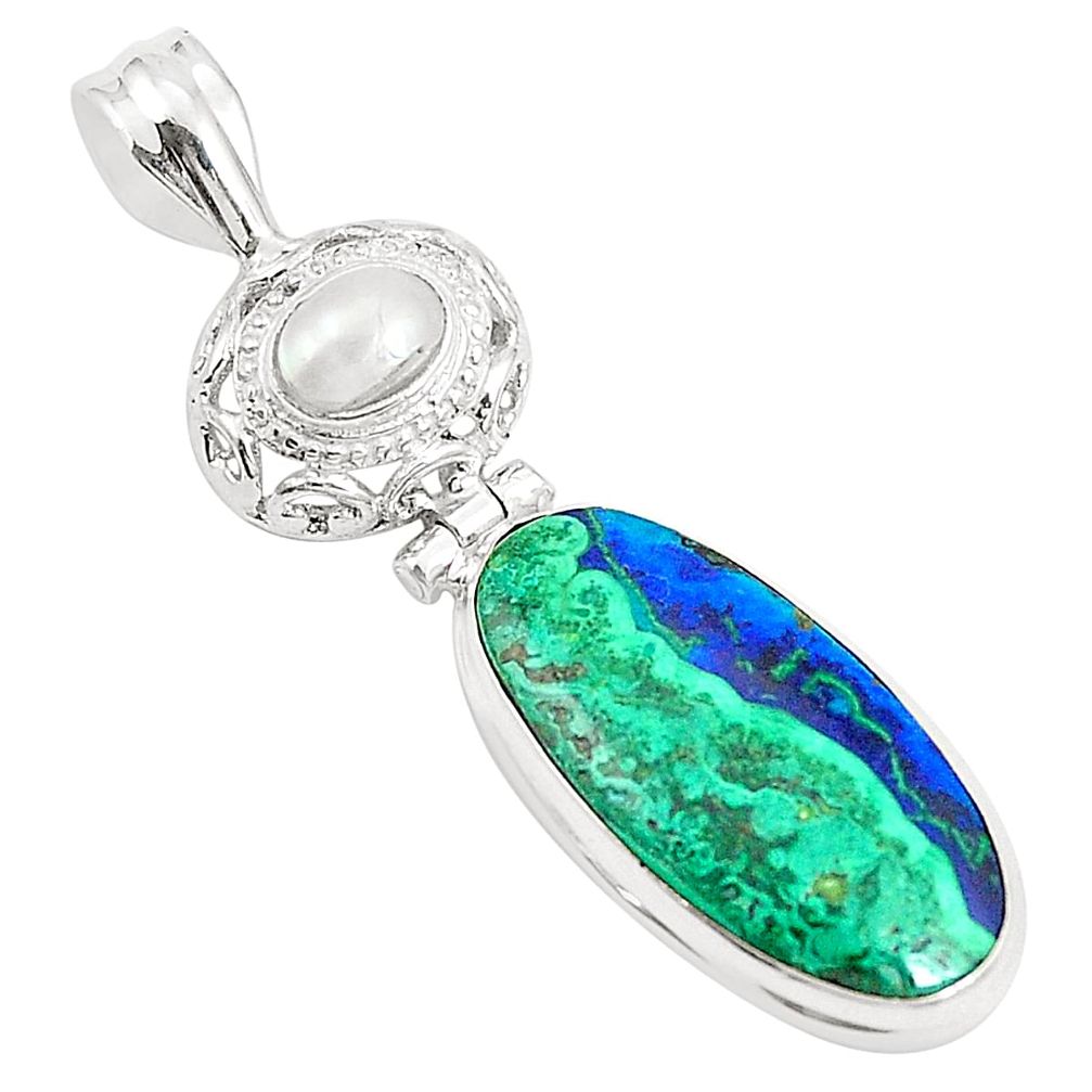 Natural green azurite malachite pearl 925 silver pendant jewelry m39506