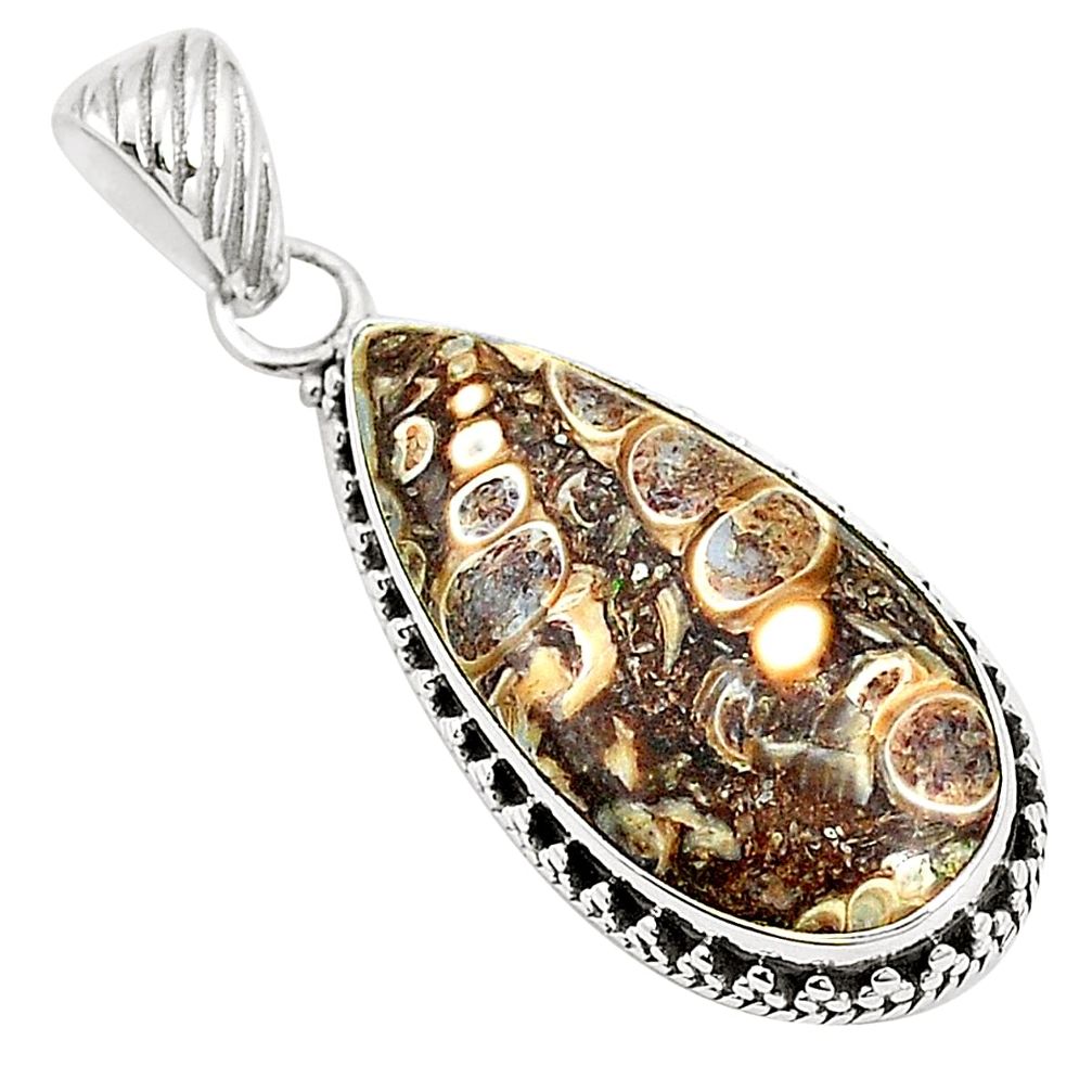 Natural brown turritella fossil snail agate 925 silver pendant m39581