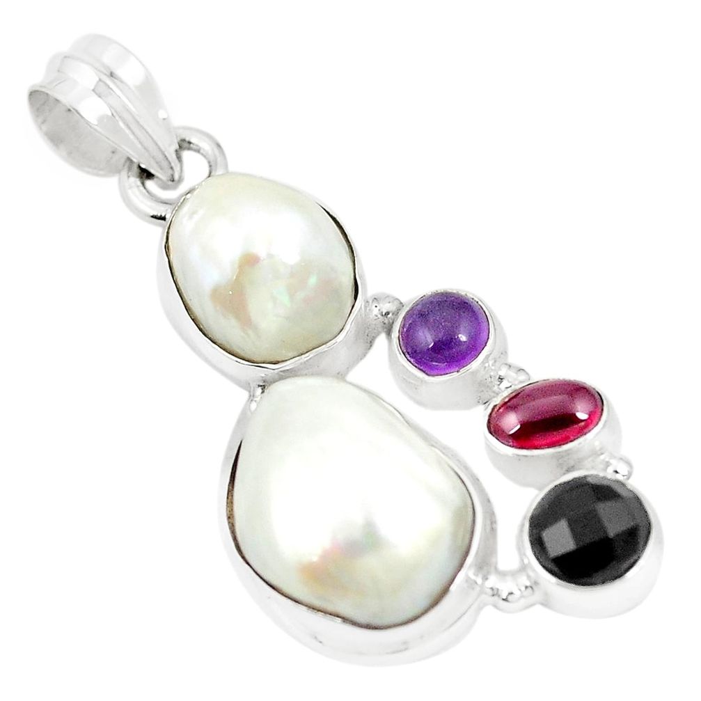 Natural white pearl onyx 925 sterling silver pendant jewelry m39734