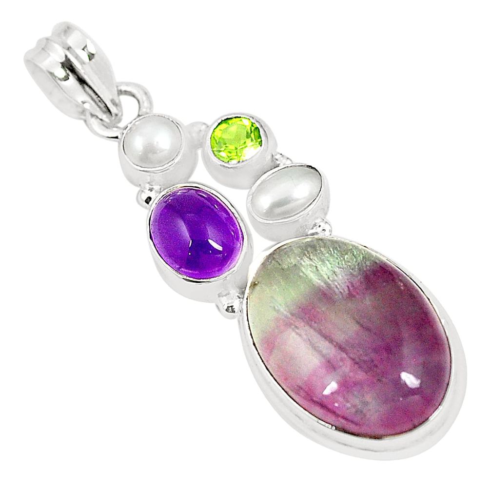 Natural multi color fluorite amethyst 925 sterling silver pendant m39755