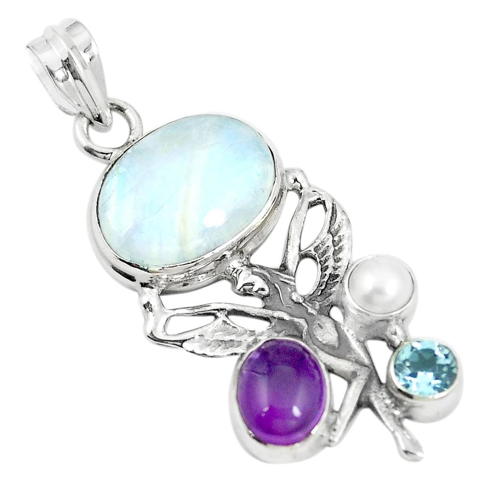 925 silver natural rainbow moonstone angel wings fairy pendant jewelry m39778