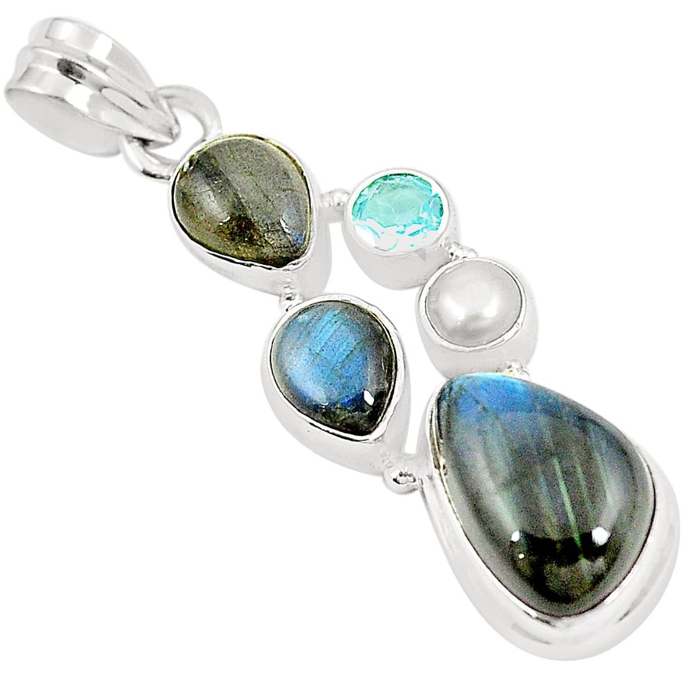 Natural blue labradorite topaz pearl 925 sterling silver pendant m39791