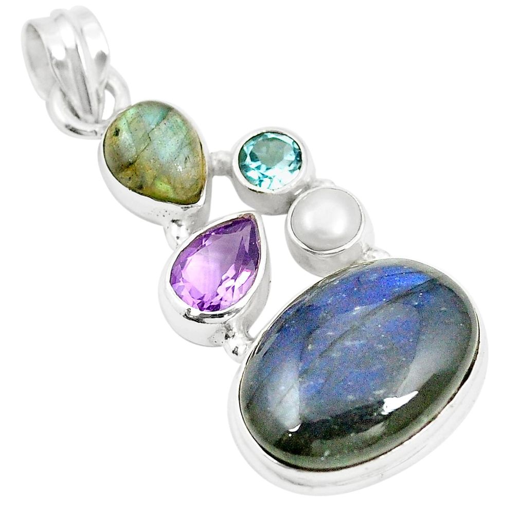 Natural blue labradorite amethyst 925 sterling silver pendant m39855