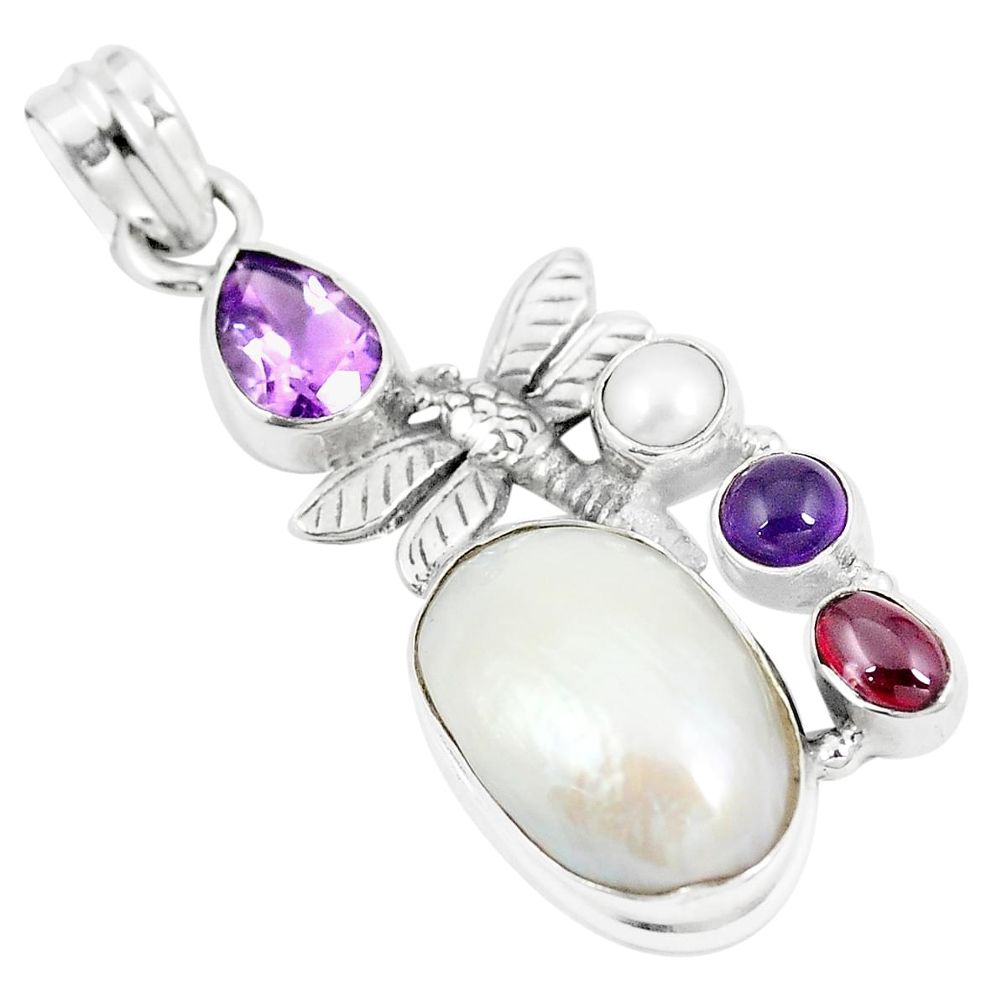 Natural white pearl purple amethyst 925 silver dragonfly pendant m39856