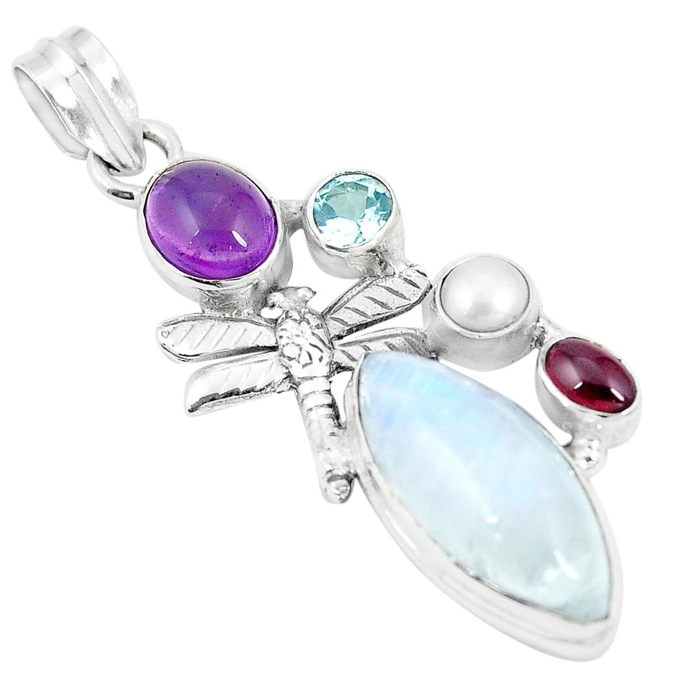 Natural rainbow moonstone amethyst 925 silver dragonfly pendant m39857