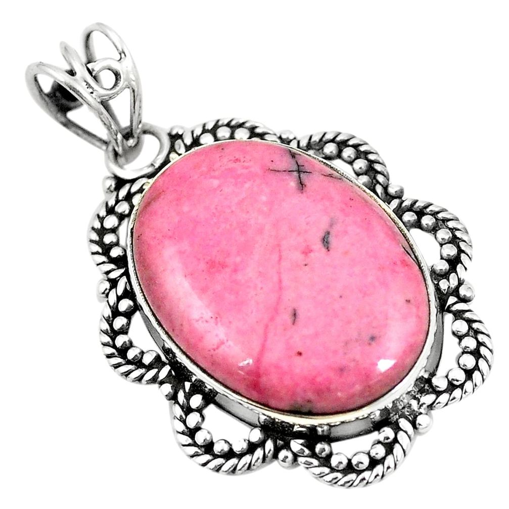 Natural pink rhodonite in black manganese 925 silver pendant jewelry m39929