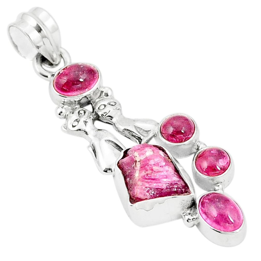 Natural pink rough tourmaline 925 silver two cats pendant jewelry m40567