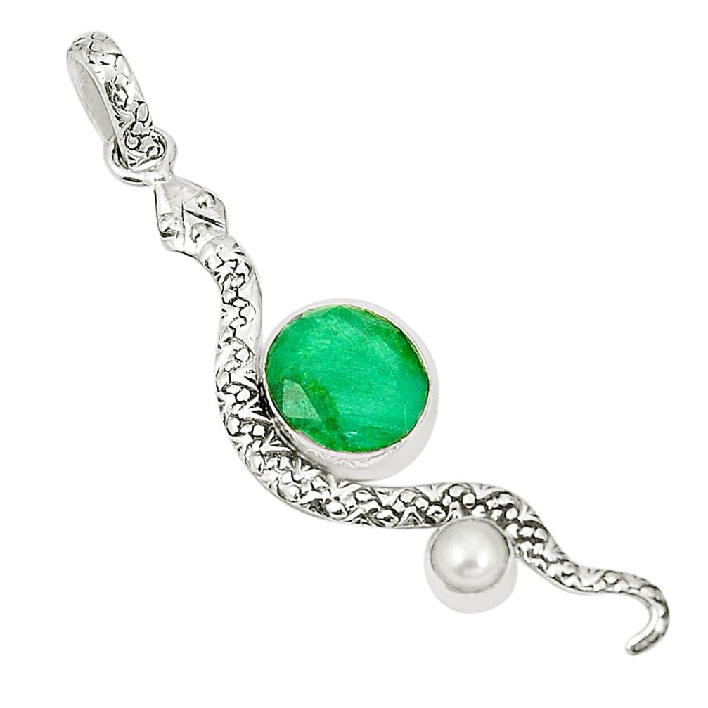 Natural green emerald pearl 925 sterling silver snake pendant m40806