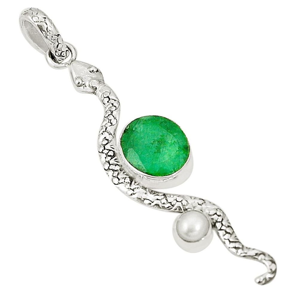 Natural green emerald pearl 925 sterling silver snake pendant m40807
