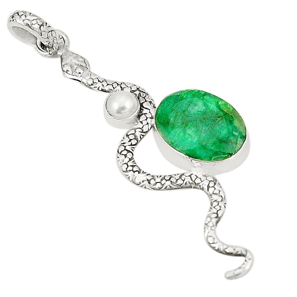 Natural green emerald pearl 925 sterling silver snake pendant m40834