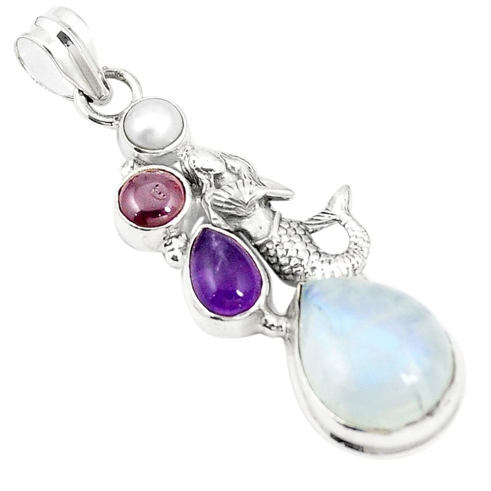 Natural rainbow moonstone pearl 925 silver fairy mermaid pendant m41477