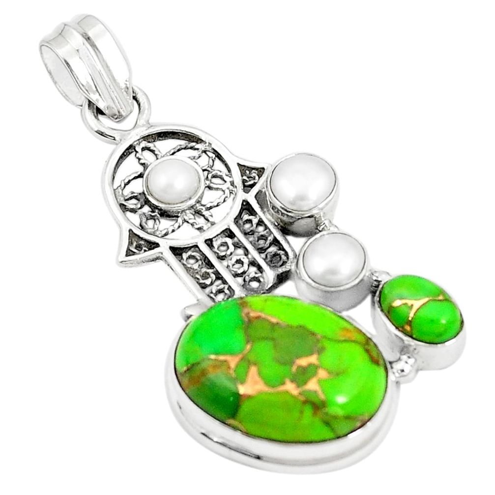 Green copper turquoise 925 silver hand of god hamsa pendant m41869